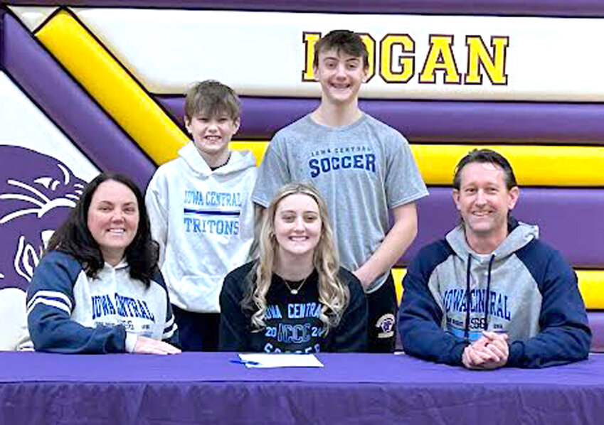 Logan-Magnolia senior McKenna Witte (front, center) signed her letter of intent to continue playing college soccer at Iowa Central (Fort Dodge) starting in the fall of 2024.  She is seated with her parents, Julie (left) and Jason Witte.  Her brothers, Payton and Beckham, are standing in the back.