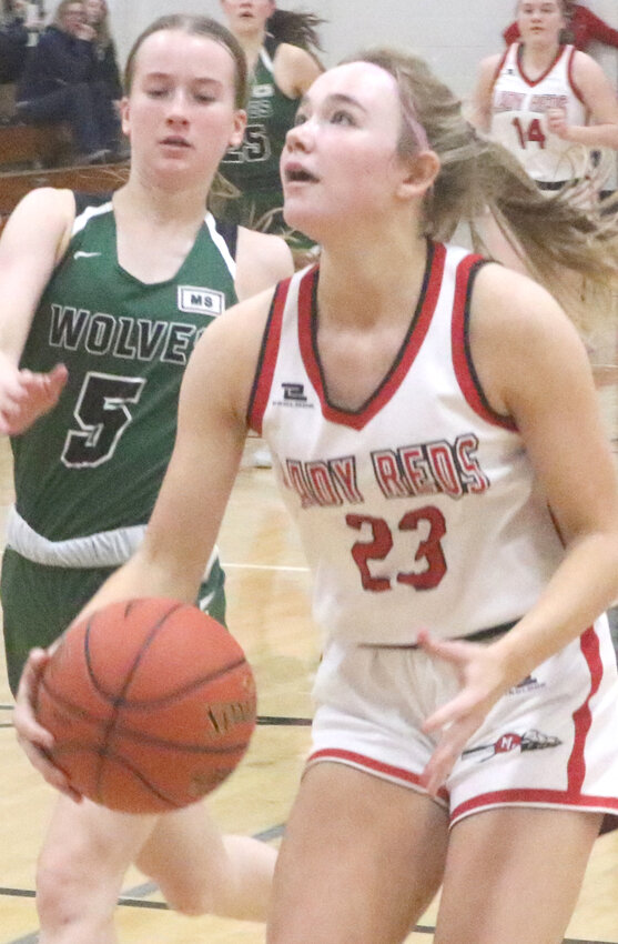 Missouri Valley's Grace Herman eyes the basket in the Lady Reds win over IKM-Manning on Jan. 30 in Missouri Valley.  The Lady Reds open up Class 2A Regional play on Saturday, Feb. 10 at Logan.