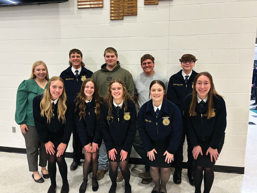 Missouri Valley FFA Large Group, pictured form left to right in the back row: Ms. Tejlor Strope (advisor), Bobby Barnard, Wesley Fox, Nick May and Korbin Hornbacher. Front row: Alivia McIntosh, Tylee Koyle, Devon Koyle, Peyton Bell and Hailey Miller.