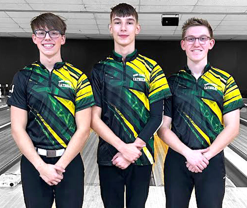 These three Missouri Valley student-athletes have participate on the St. Albert bowling team in Council Bluffs this past winter.  The Falcons qualified as the top-seed in the Class 1A field, and will make a run at a title at the 2024 State Bowling Championships in Waterloo (Ia) on Feb. 20-21.  Shown above include, from left, Beau Sweet, Cameron Rolli, and Evan White.