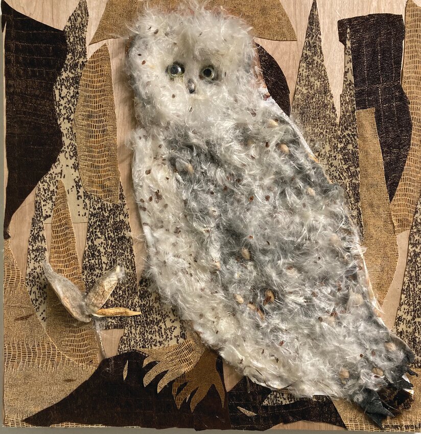 A piece of Wolford's artwork utilizes milkweed seed in a depiction of an owl.