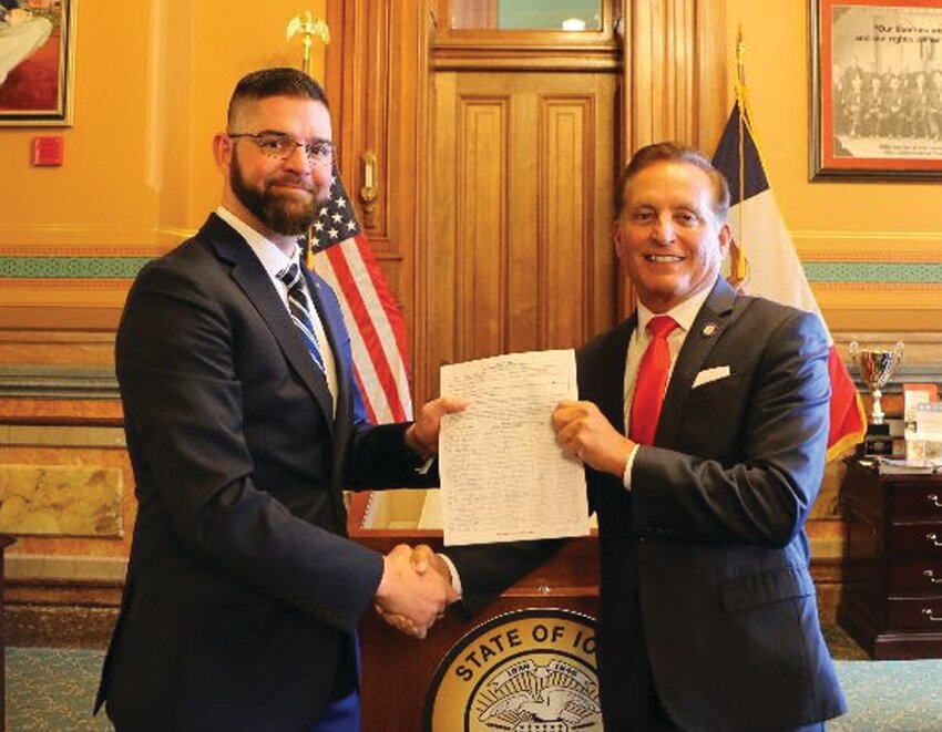 Rep. Matt Windschitl, Iowa House Majority Leader, files his nomination petitions with Iowa Secretary of State Paul Pate.