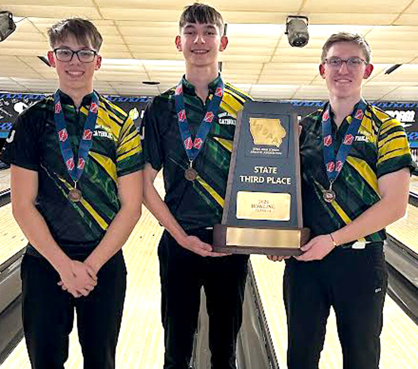 Shown above are the three individuals from Missouri Valley who were part of the Council Bluffs St. Albert bowling team that finished in third place at the Class 1A State Tournament at Waterloo from Feb. 20-21.  Shown from left, Beau Sweet, Cameron Rolli, and Evan White.
