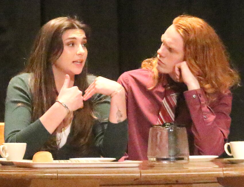 MVHS Spring Play: Kay Banks (Bella Boruff) talks to her fiance, Buckley (Adam Meadows).