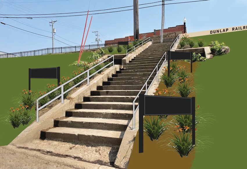 A rendering of what the staircase will look like with railings and displays detailing its history.