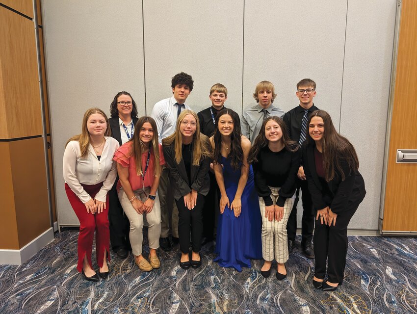 Pictured in the front row, from left to right: Courtney Stevenson, Shelby Divelbess, Alyssa Jager, Audrie Kohl, Paige Russmann and Nikayla Ficther. Back row: Carrie Kohl (advisor), Chris Dworak, Mason Herman, Colton Beckner and Beau Sweet.