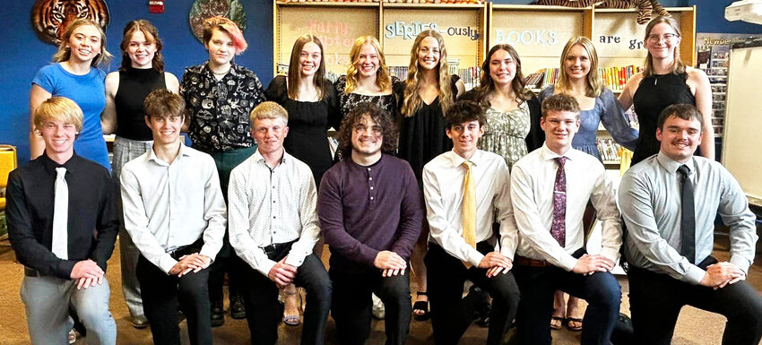 Members of the 2024 Woodbine High School National Honor Society inculde in the front row, from left: Gunner Wagner, Adam Barry, Cody Dickinson, Brodie Ludwig, Landon Bendgen, Owen Fitchhorn, Gavin Kelley.  Back row, Addison Murdock, Avery Moores, Meredith Sherer, Charlie Pryor, Amanda Newton, Nicole Hoefer, Madison Thomas, Kylie Neligh, and Lauren Coakley.