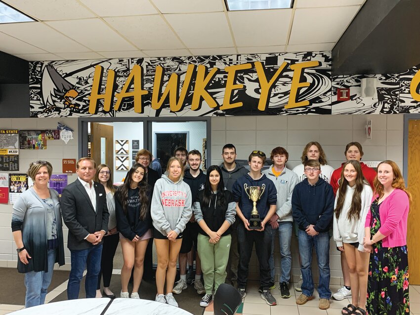 Iowa Secretary of State Paul Pate (second from left) presents West Harrison students and staff, as well as members of the county's auditor's office, with the Carrie Chapman Catt Award.
