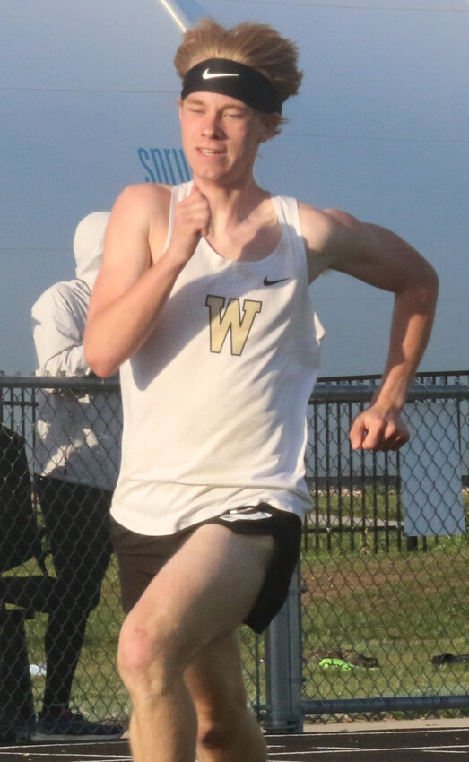Woodbine's Gunner Wagner sets the pace in the 800 m run at the Hummel Relays on April 22 in Woodbine.