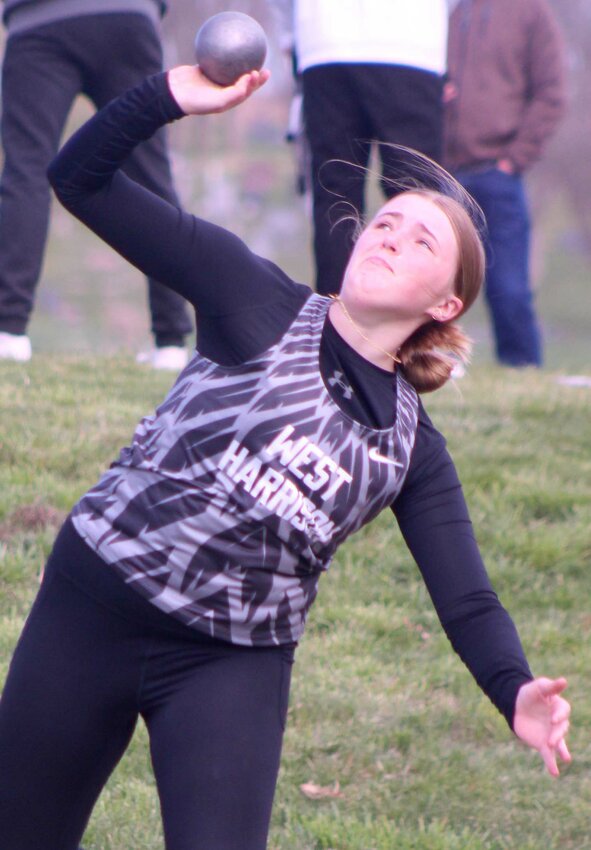 West Harrison's Rylee Evans launches the shot put for an eighth place finish at the MVAOCOU Relays on April 25 at Mapleton.