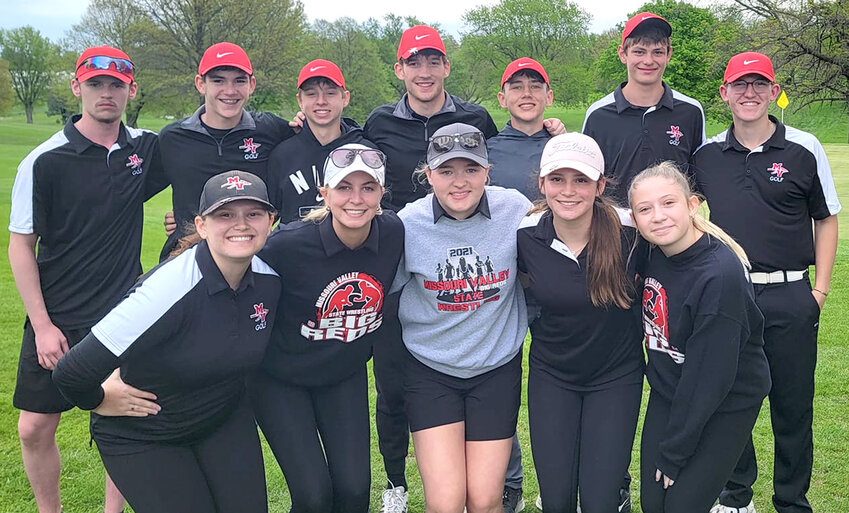 Members of the Missouri Valey Big Reds / Lady Reds golf teams enjoying success at the Western Iowa Conference championships on May 1 in Atlantic.  They include in the front row, from left, Addy Vogel, Sam Prokupek, Henley Arbaugh, Izzy Vogel, Adison Roden.  Back row, Carson Wendt, Daxton Myler, Layton Maasen, Brody Lager, Jackson Tennis, Daylen Kocour, Ethan White.