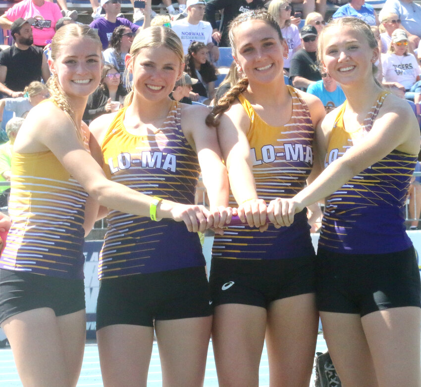 Members of the Logan-Magnolia Class 1A, Distance Medley Relay team include, from left, Madison Sporrer, Haedyn Hall, Zoe Heim, Kylee Fogelman.