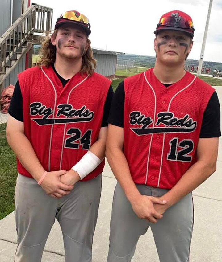 Missouri Valley seniors Nelson Clark (24) and Mason McIntosh (12) capped their high school careers in in the Class 2A District Semifinals at Clarinda on July 9.  The Big Reds shared their baseball program, allowing these West Harrison seniors to finish out their careers.