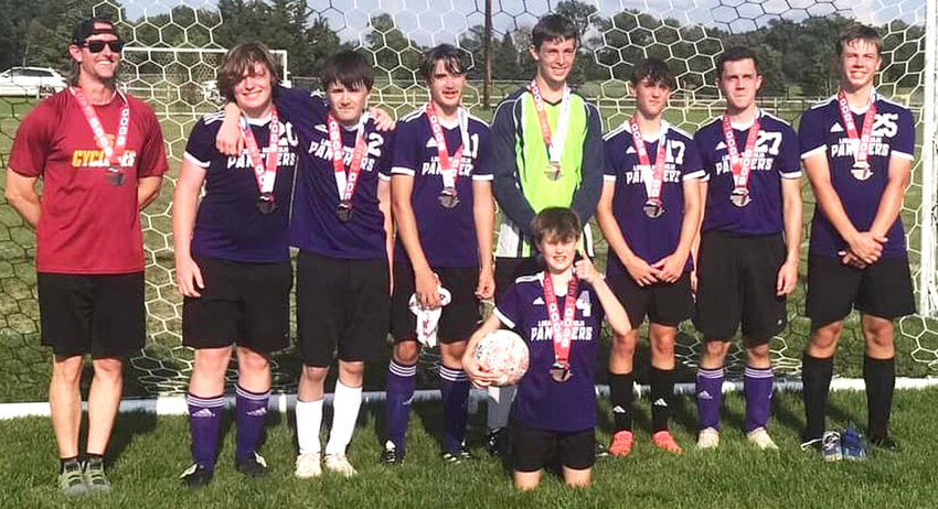 The Logan-Magnolia Panthers soccer team picked up a third place finish at the 2024 Iowa Games in Ames this past weekend (July 19-21).  Since there weren't enough teams, the U-18 Panthers played in the U-19 Select Division, and picked up a third place finish.  Shown in the photo includes, in the back row: Coach Jason Witte, Patrick Connealy, Lyrick Stueve, Aiden Myer, Ethan Evans, Beckham Witte, Ben Holmgren, Jason Kastner.  Front row:  Payton Witte.