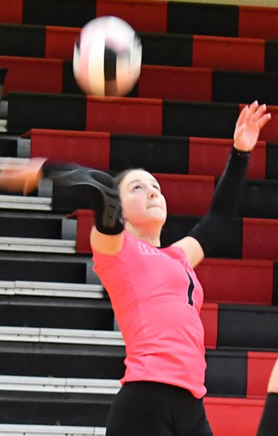 West Harrison's Devyn Harris (1) hits the ball into play in Rolling Valley Conference play at Westside on Oct. 3.