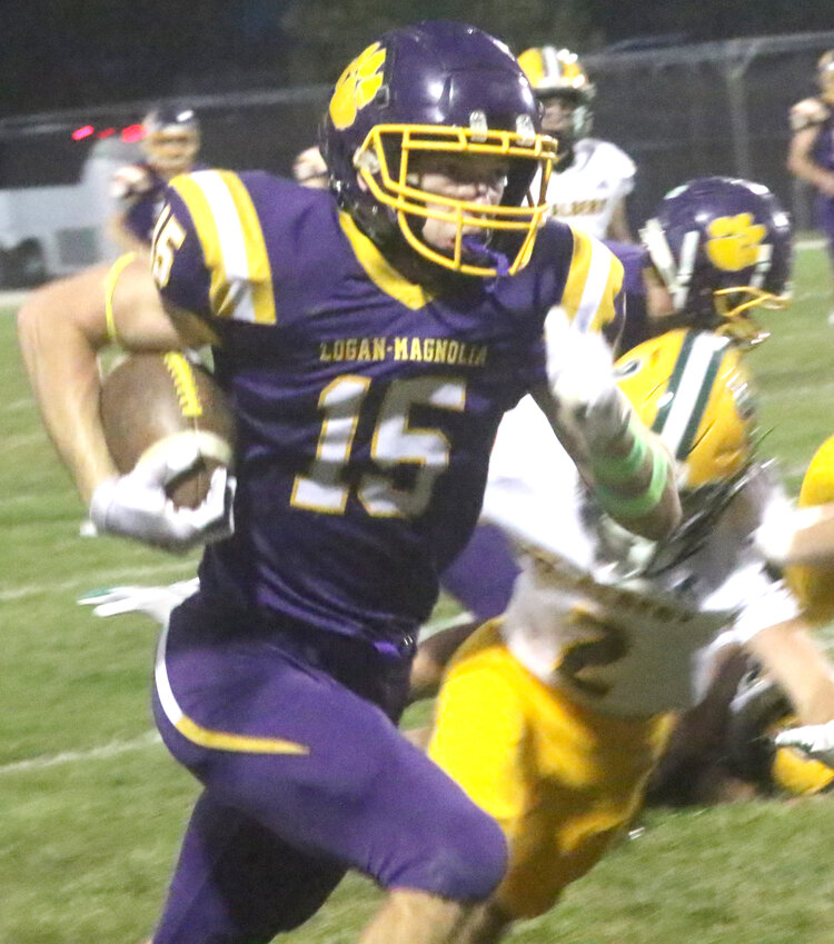 Logan-Magnolia's Adam Roden (15) races up the sideline for game's first touchdown in the Panthers win over the Falcons on Oct. 11.