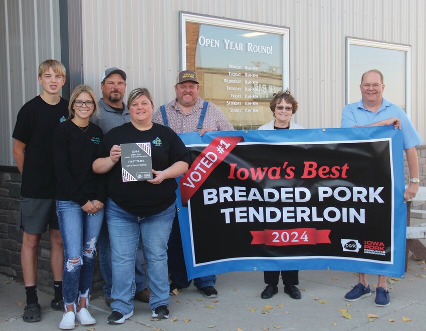 Dairy Sweet in Dunlap was officially recognized for having 2024's best breaded pork tenderloin in Iowa. Pictured from left: Logan Thomsen, Mandi Thomsen, Greg Thomsen, Lori Thomsen, JJ Goodvin of Iowa Gallivant and judges Linda Madison and Phil Carey.