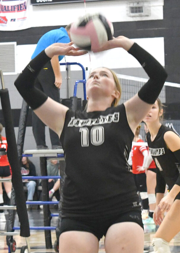 West Harrison's Rylee Evans sets the ball into play at the Rolling Valley Conference Tournament on Oct. 19 in Mondamin.  The Hawkeyes opened up Class 1A Regional Tournament play on Oct. 21.