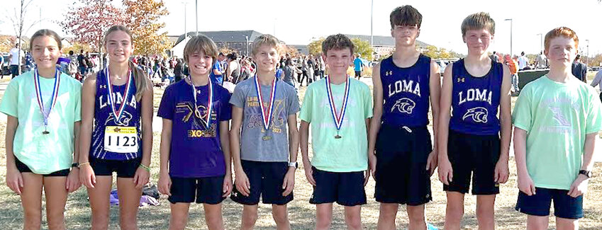 The Logan-Magnolia Panthers finished the year at the Iowa Association of Track Coaches Junior High State Cross Country Championships on Oct. 19 in Ankeny.  Shown (from left to right) - Tenly Kurth (7th grade / 16th place, 14:16 / 152 runners), Jordyn Robbins (8th grade / 11th place, 13:34 / 152 runners), Owen Hunter (7th grade / 32nd place, 13:57 / 163 runners), Landon Thayer (8th grade / 1st place, 10:50 / 163 runners), Corbin Hall (8th grade / 46th place, 14:00 / 163 runners), Declan Leonard (8th grade / 85th place, 16:09 / 163 runners), Jake Vana (8th grade / 75th place, 15:17 / 163 runners), and Joe Sieck (8th grade / 77th place, 15:21 / 163 runners).  The Panthers 8th grade team earned a 10th place team finish, and Thayer ran away with the 2024 8th grade state title on the 2.0 mile course.