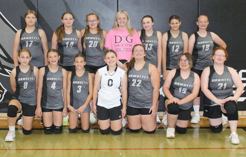 Members of the 2024 West Harrison Hawkeyes junior high volleyball team include in the front row, from left, Dani Downen, Ruby Offenbacker, Elouria Forbes-Infante, Lexie Flint, Emma Bridgeman, Natalie Thomas, Amelia White.  Back row, Juliette Roy, Laynie Michael, Payton Stevenson, Coach Delaney Mentzer, Callie Muldoon, Khloe Smith, Madalyn Walker.