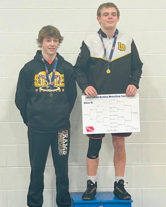 Jaydon Bailey (pictured left) earned his ticket to the Class 1A State Wrestling Tournament after placing second at the district meet in Sloan on Feb. 15. Bailey wrestles at 126 lbs. and will face Owen Becerra of Missouri Valley in his first match at State on Wednesday, Feb 19.