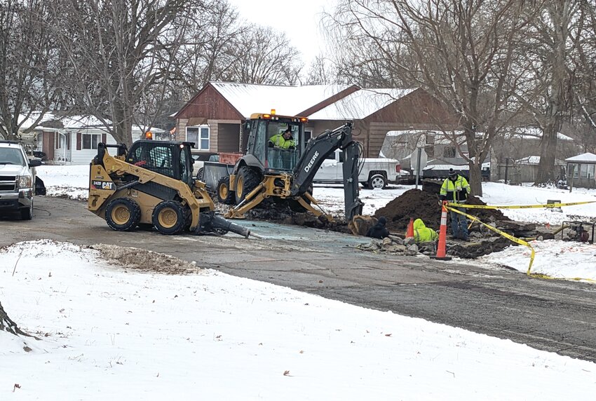 The Mapleton city crew was busy on Friday, Feb. 14 fixing a water main leak at the corner of Willow and 6th Street.