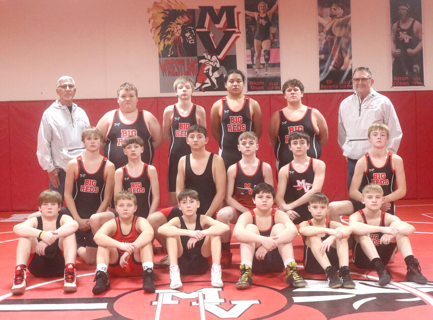 Members of the 2025 Missouri Valley Big Reds junior high wrestling team include in the front row, from left: Braylen Rupprecht, Cole Meade, Alekzander Matts, Rhys White, Leo Underwood, Thomas Roden.  Middle row, Braxton Mickey, Jesse Stevenson, Jackson Morarity, Ethan Sinclair, Tyson Wohlers, Westyn McIntosh.  Back row, Coach Rod Foutch, Chase Christensen, Matthew Bowder, Suliasi Tuamoheloa, Landon Elston, Coach KC Kersten.