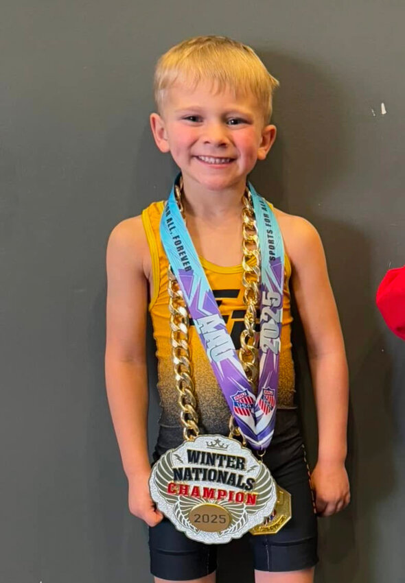 Sawyer Hieber, son of Devon and Avery Hieber, had a successful wrestling season. He had a record this year: 44 wins - 8 losses with 38 pins. He wrestled in the 2025 Winter Nationals Tot 40 Champion on Jan. 5 in Omaha and in the 2025 Iowa State SuperPeeWee on March 9th in Waterloo, IA in 6U 40 lb. where he was a 3rd Place finisher. Sawyer is 5-years-old and is in Kindergarten at MVAO-Mapleton. He wrestles for the Sgt. Bluff-Luton Warriors and is a future Ram Wrestler. Sawyer said his favorite part about wrestling is winning, cheering on his friends and making new friends...
