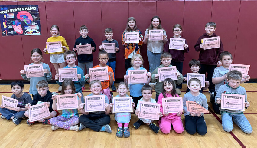 Classroom Reading awards were handed out to these students.  Front Row: Dilan Revolorio, Eliott Dirksen, Aliyah Cramer, Myles Kellen, Harper Schrader, Landon Lavender, Mayra Ingram, Lyle Kelm, and Eastyn Reed. Middle Row: Schalee Schrader, Emmet Tisdale, Adele Smallwood, Brooke Comes, Henry Kelm, Braxton Boysen and Austin Jensen. Back Row: Violet Petersen, Ben LeFebvre, Hank Hamman, Taylynn Comstock, Charlotte Adkins, Rylan LeFebvre and Liam Witzel.  .