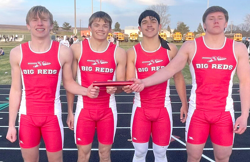 NEW SCHOOL RECORD (from left):  Missouri Valley's Ryder O'Dowd, Mason Herman, Brayden Neill, and Rush Knudsen set a new school record in the sprint medley relay on April 3 at the Wheeler Invitational in Audubon.