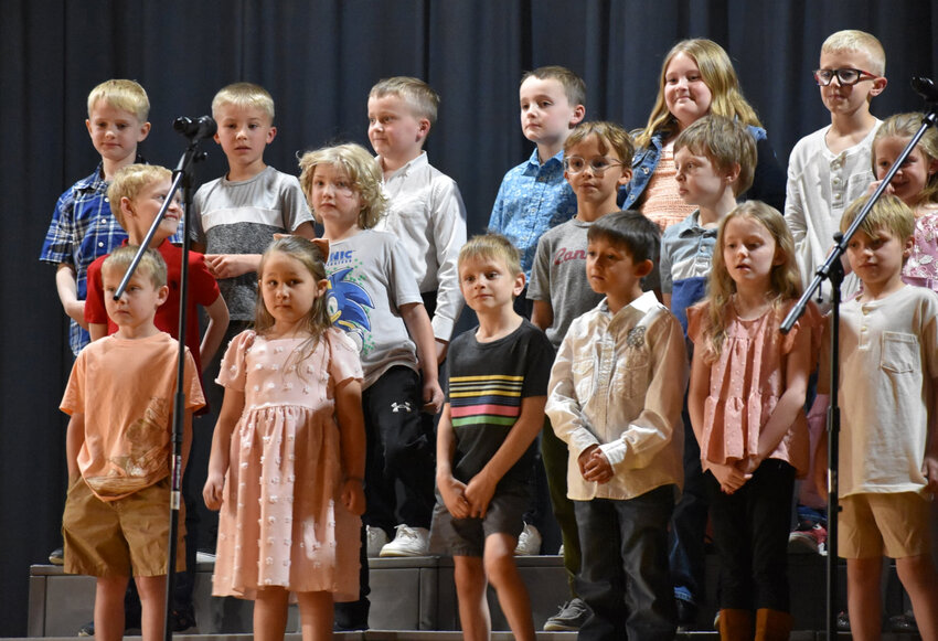 1st Grade Choir:  Shown in the back row, from left: McCoy Sandvold, Dax Stinn, Michael Jolkowski, Ryan Jalkowski, Gabi Herman-Pauley, Bronson Wiener. Middl row, Corne Coetzer, Zamien Behrendt, Dean Meyer, Darryl Queen.  Front row, Henry Deal, Nova Patterson, Brantlee Wood, Jesus Alvarado, Kennedy Slater, Stetson Beck.