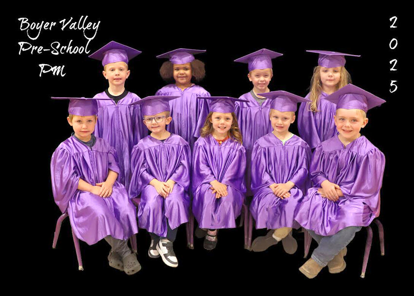 Boyer Valley Bulldogs Pre-School Graduation, P.M. Class:  They include in the front row, from left:  Cole Meyer, Wells Wingrove, Reyni Ohl, Alexander Coetzer, Ben Hanigan.  Back row, Ike Hansen, Aariah Heffernan, Will Heffernan. Bowi Grady.