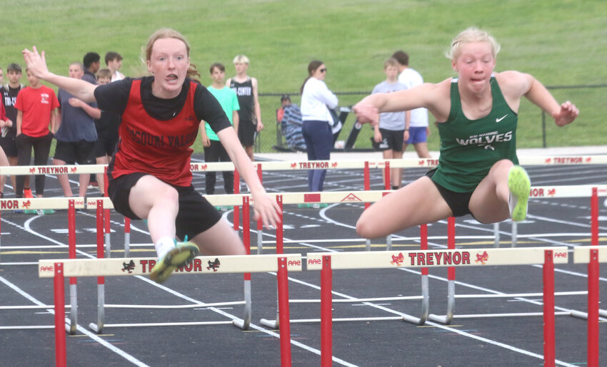 Missouri Valley's Mackenzie Parrott stays stride-for-stride with the leaders at the Western Iowa Conference track championships on May 6 at Treynor.