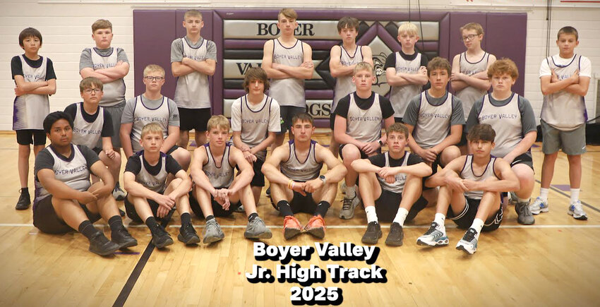 Members of the 2025 Boyer Valley Bulldogs junior high track team include in the front row, from left: Abe Amaya, Cash Mueller, Collin Malone, Trevan Krajicek, Ty Sullivan, Roman Hayduk.  Middle row, Jaxson Sindt, Joe Roberts, Jack Nichols, Lane Martens, Chuck Follmann, Lucas Anderson.  Back row, Liam Ringenberg, Carver Christiansen, Nash Murphy, Breck Schaben, Braxton Donscheski, Mason Lehan, Eddie Sanders, Maksym Dovbii.