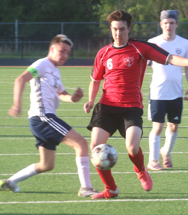 Missouri Valley's Theron Felner ( 6 ) launches the ball toward the goal in regular season play at Missorui Valley on May 13.