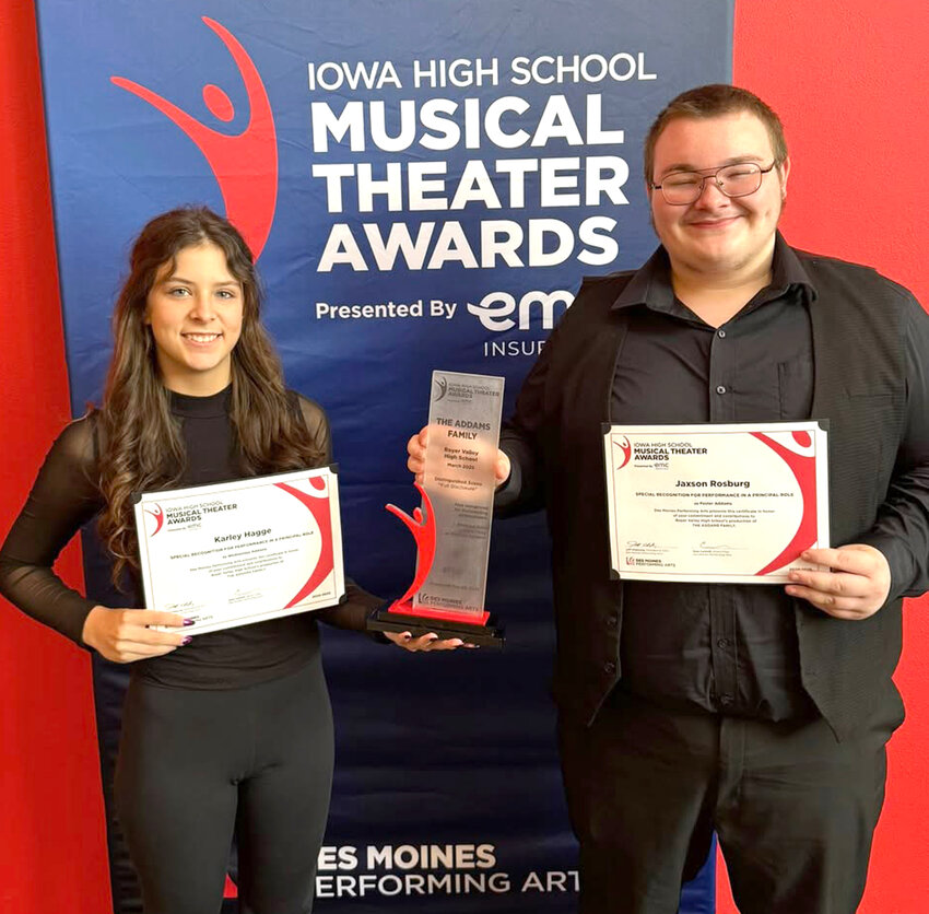 Boyer Valley's Karley Hagge (left) and Jaxson Rosburg were selected to the 2025 Iowa High School Musical Theatre Awards ceremony on May 28 at hte Des Moines Performing Arts Center   The IHSMTA program celebrates the extraordinary achievements of Iowa's young musical theatre artist, from on-stage performers to musicians and technical crew. The entire show may be viewed at https://www.iowapbs.org/shows/musicaltheater/.