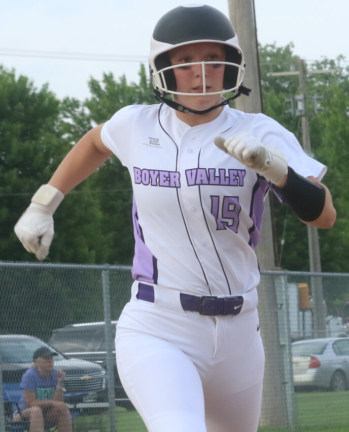 Boyer Valley's Maddie Gunia scores a run in the Lady Bulldogs victory over Coon Rapids-Bayard on June 6 at Dow City.