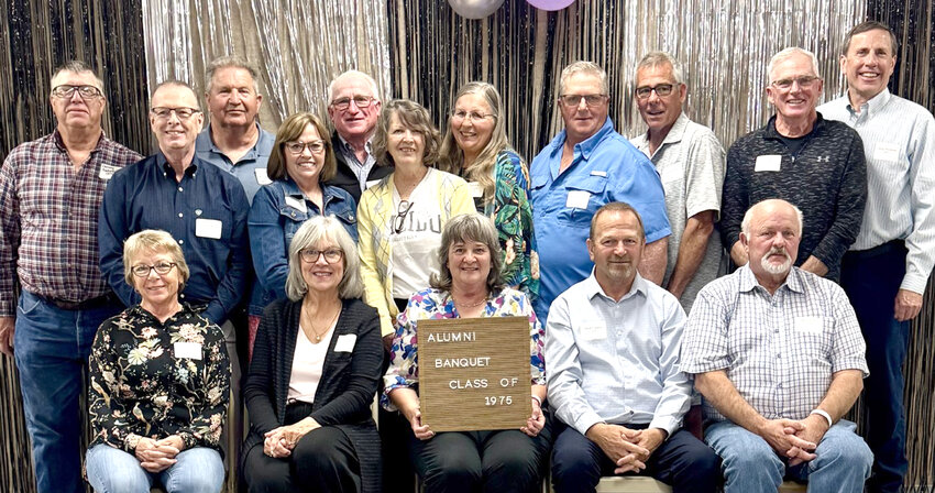 Class of 1975:  Members present include in the front row, from left:  Marilyn Davie, Lyn Hanigan, Jane Grady, Mark Leaders, Steve Klein.  Back row, Denny Behrendt, Michael Murphy, Dick Frazier, Daine VonTersch, Dick Hanigan, Chris Lacey, Marty Rose, Mike Rister, Greg Stinn, Mike Ward, Doug Stocksted.
