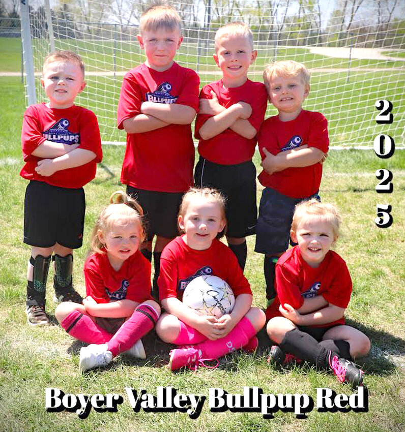 2025 Boyer Valley Youth Soccer (Bullpup Red):  Shown in the front row, from left:  Olivia Hatterman, Mckinley Thorpe, Rose Hanigan.  Back row, Barron Hanigan, Ben Hanigan, Ike Hansen, Roman Bielenberg.