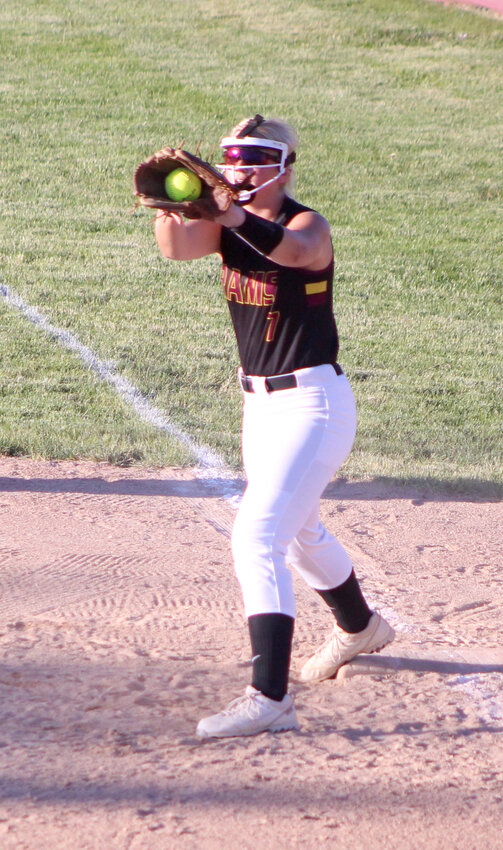 Brylei Clausen makes an out at first base. The Rams softball team has a record of 6-6 after two weeks of action.