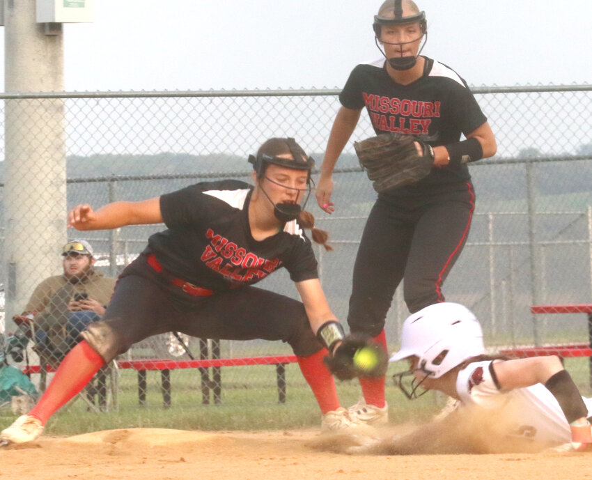 Missouri Valley's Dilynn Meade plants the tag on the advancing baserunner in Western Iowa Conference play vs. Exira/Elk Horn Kimballton/Audubon in Western Iowa Conference play on June 9 at Missouri Valley.