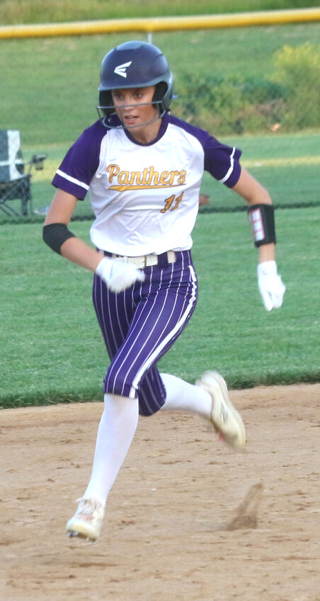 Logan-Magnolia's Haedyn Hall rounds second base and heads to third in Western Iowa Conference play on June 10 against Missouri Valley.