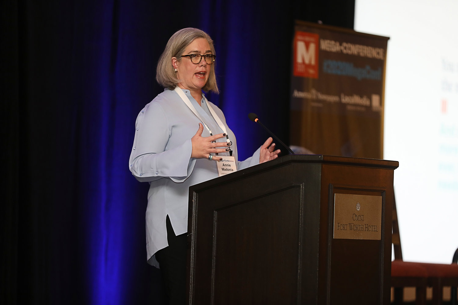 Annie Madonia of The Lenfest Institute on "Funding Outside the Box" at the 2020 Mega-Conference. (Photo by Bob Booth)
