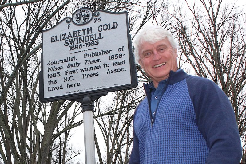 Morgan Dickerman III, The Wilson Times' fifth-generation family owner, is pictured beside a state historical marker honoring his grandmother, Elizabeth Gold Swindell. (Photo: Drew C. Wilson / The Wilson Times)