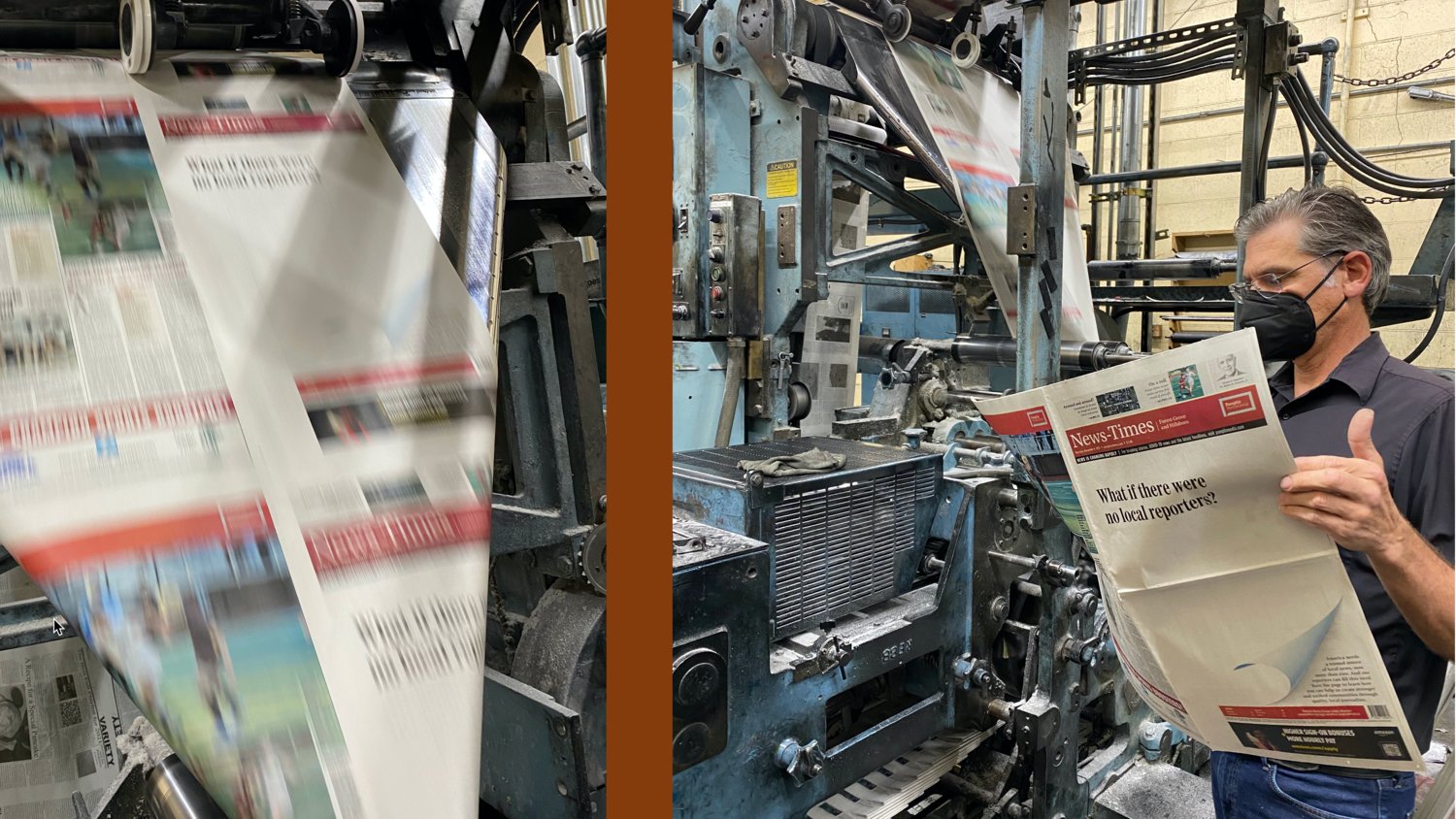 Presses roll to print the Nov. 3 Pamplin Newspapers' blank front pages to help gain reader (and industry) support for the Local Journalism Sustainability Act (LJSA).