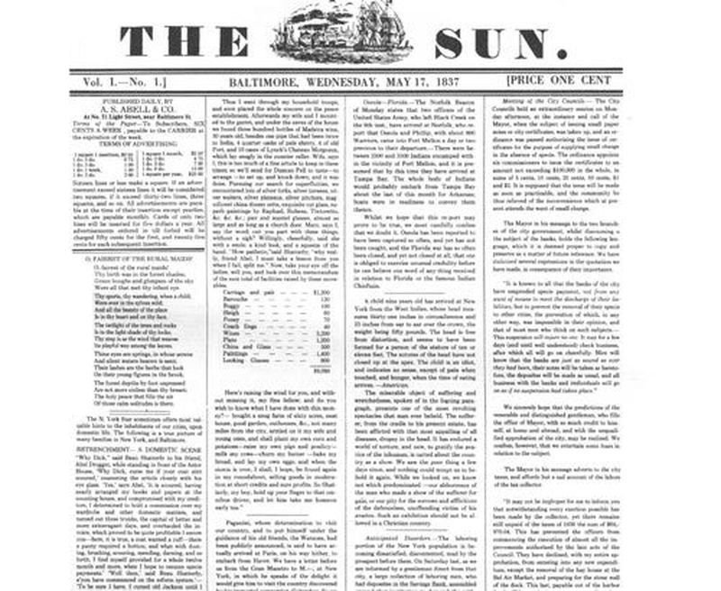 The front page of Volume 1, Number 1. Published May 17, 1837.