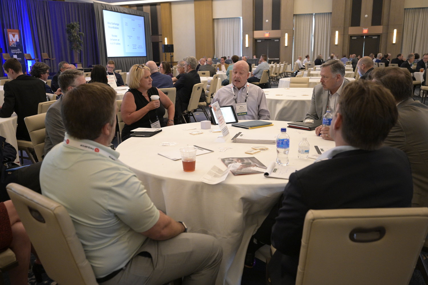 Tuesday included Idea Exchange Roundtables on key industry topics. The topic at this table was Opportunities for Transitioning FSIs to Digital Revenue, moderated by Bob Woodward, VP, Woodward Community Media, and publisher, Woodward Communications/TH Media. (Photo by Phelan M. Ebenhack)