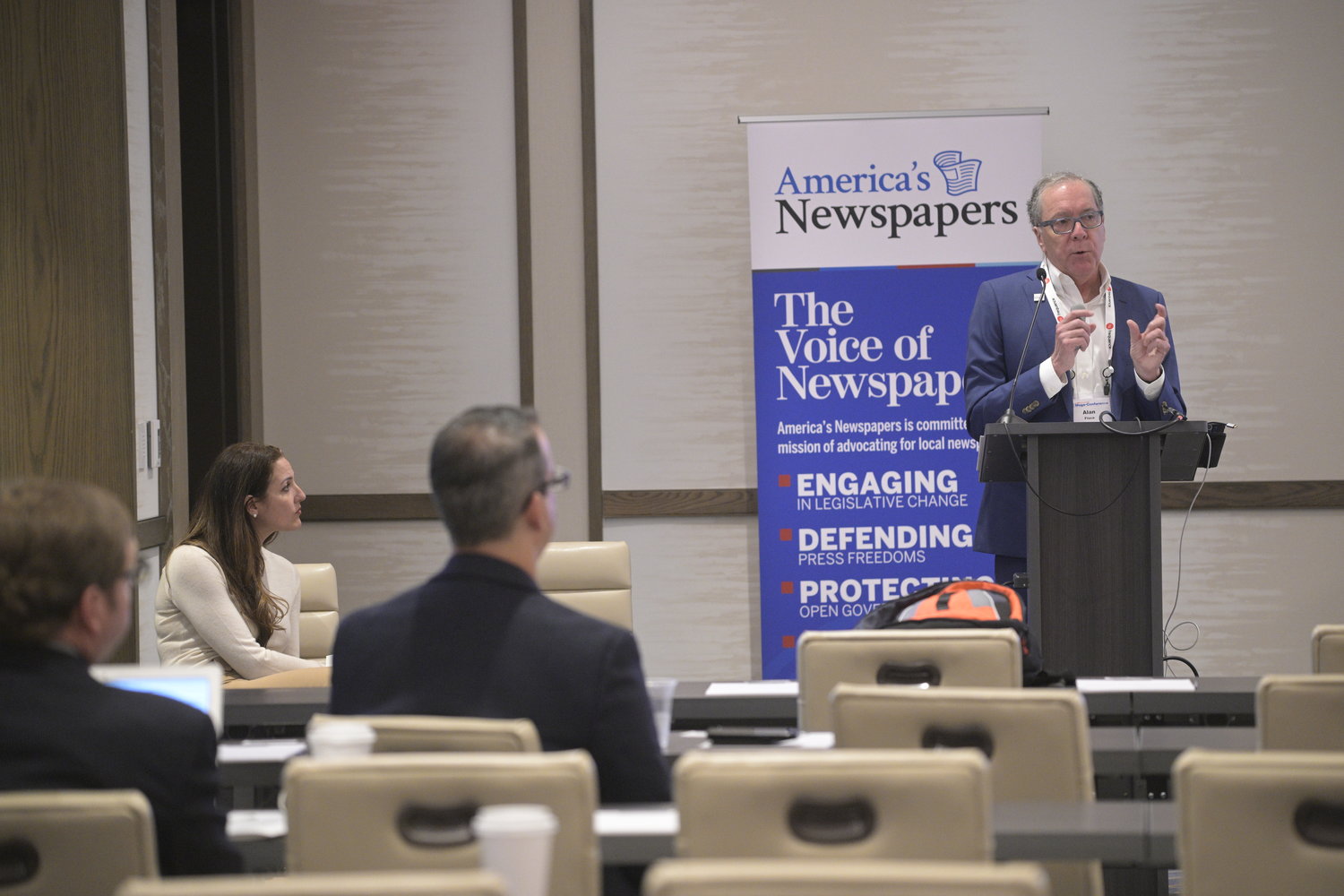 Advocating for Local Newspapers: Alan Fisco, president and CFO of The Seattle Times Company, addresses the Mega-Conference. (Photo by Phelan M. Ebenhack)