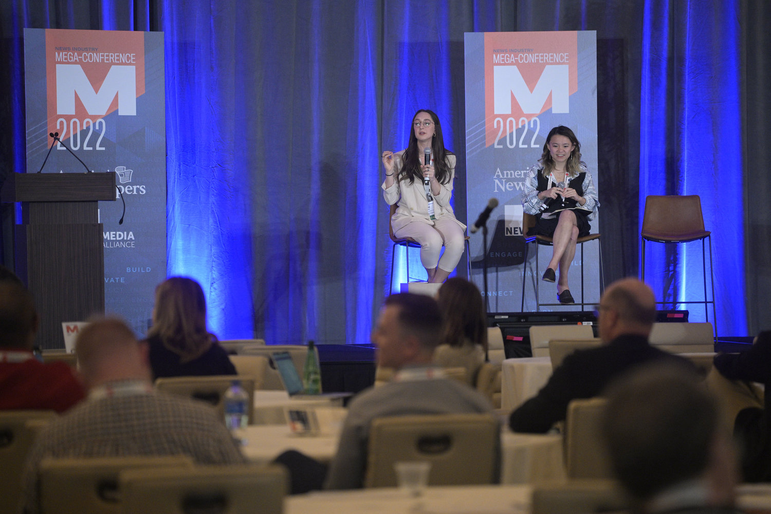 Nicole Rocchio and Tina Xiao of the Google News Initiative highlighted the digital tools, training and resources that are available to newspapers.  (Photo by Phelan M. Ebenhack)