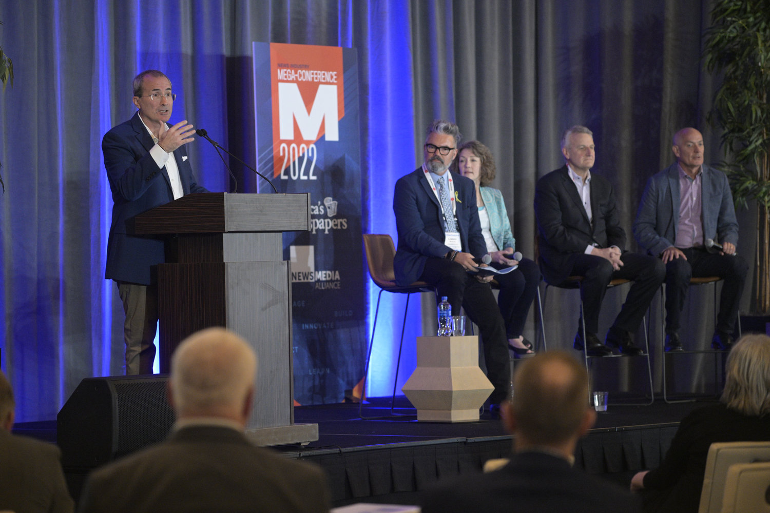 David Chavern, president and CEO of the News Media Alliance, facilitated a discussion with four media executives to explore where the industry is going and what needs to happen today to ensure future success. (Photo by Phelan M. Ebenhack)